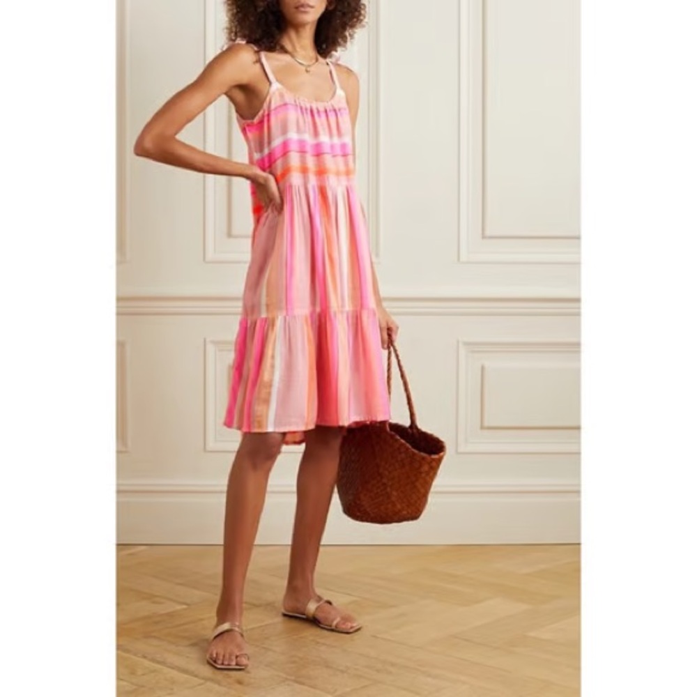 Lemlem Metallic Pink Stripe Tiered Dress NWOT Women’s Small